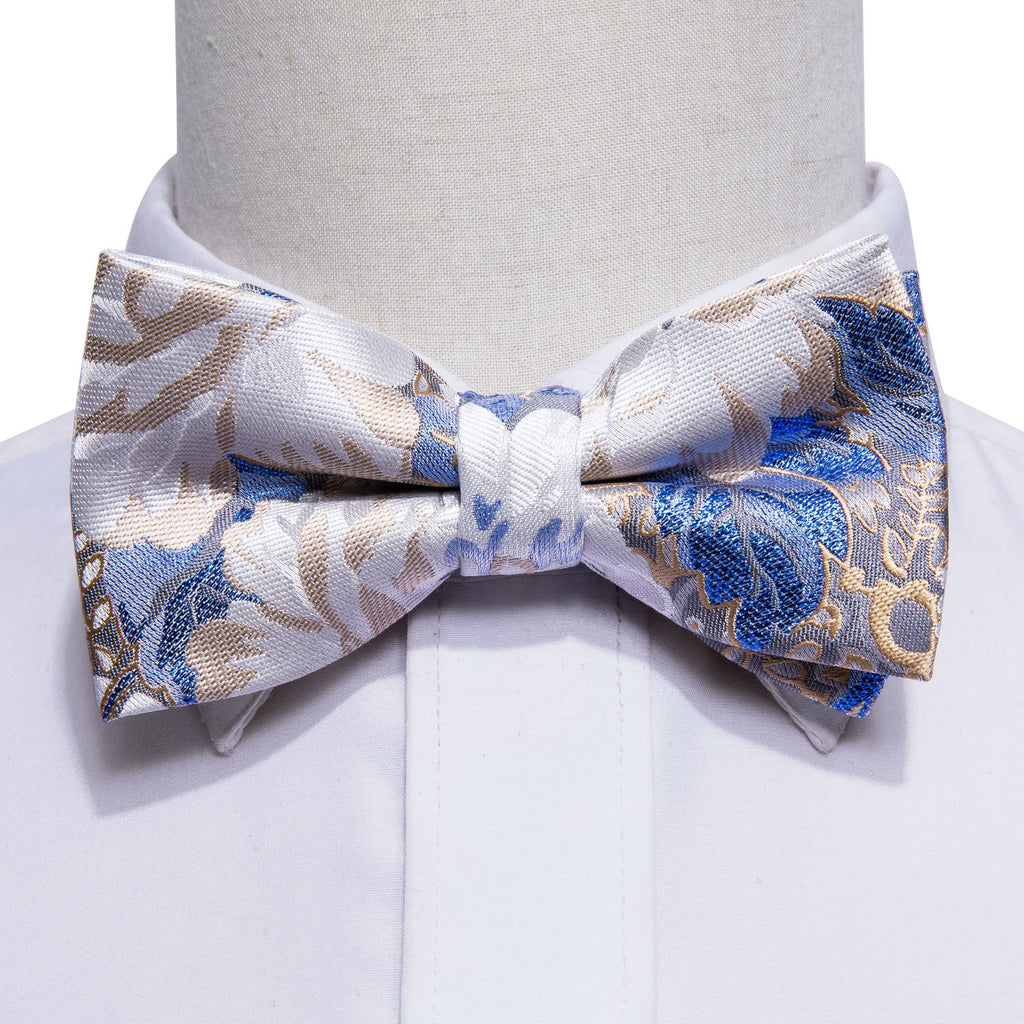 White Blue Floral Bow Tie Set bow ties - Sophisticated Gentlemen