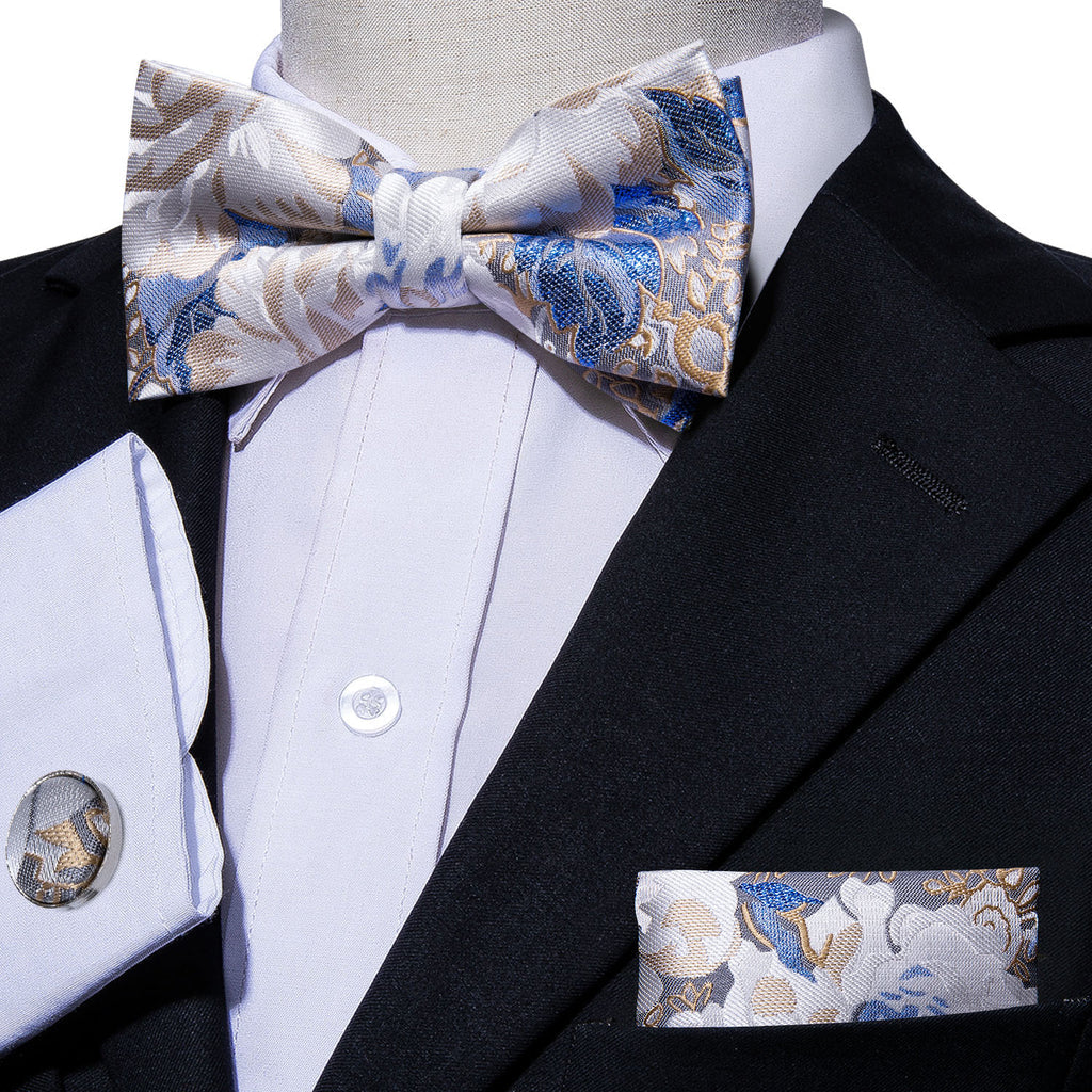 White Blue Floral Bow Tie Set bow ties - Sophisticated Gentlemen