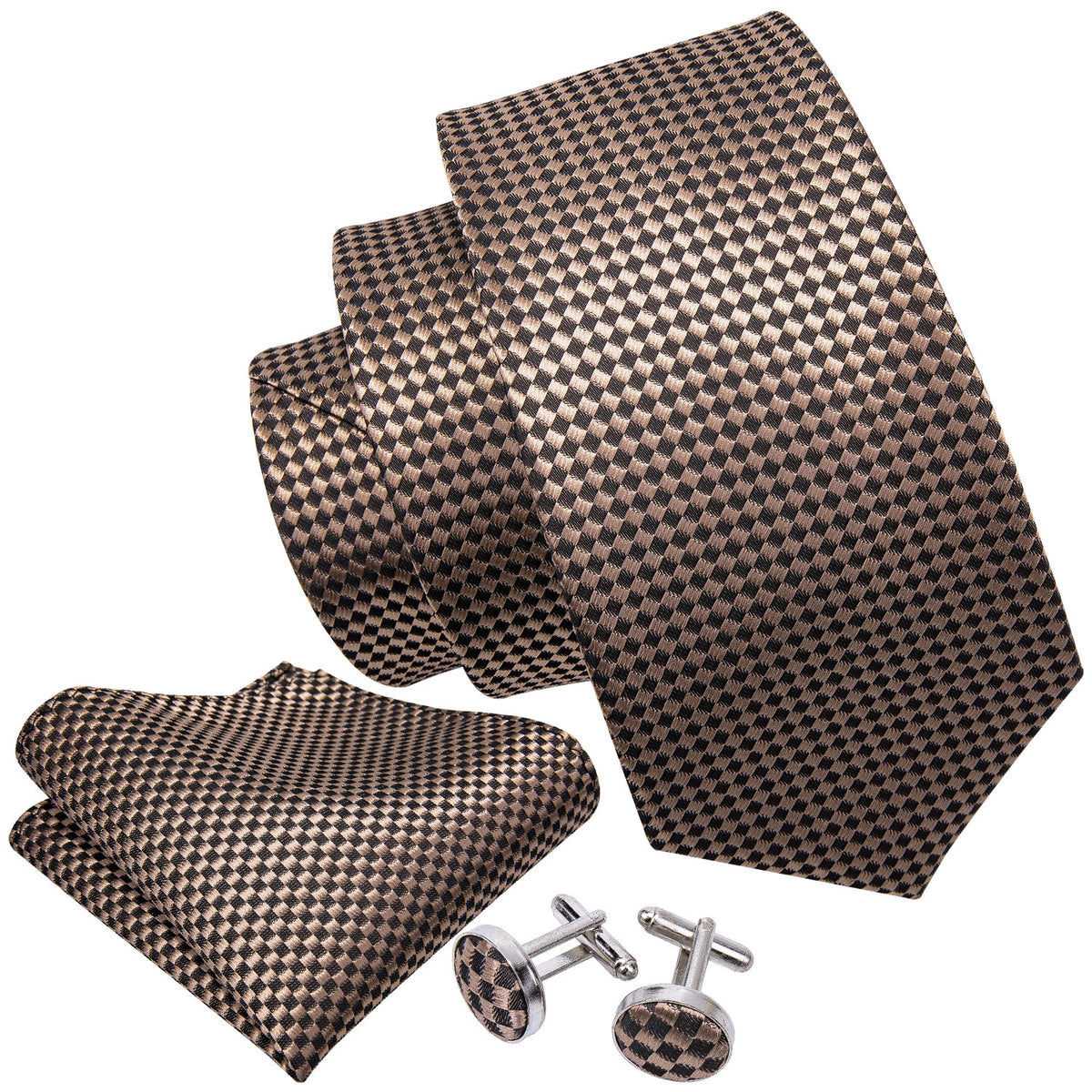 Champagne Brown Plaid Tie, Pocket Square and Cufflinks Set tie sets - Sophisticated Gentlemen