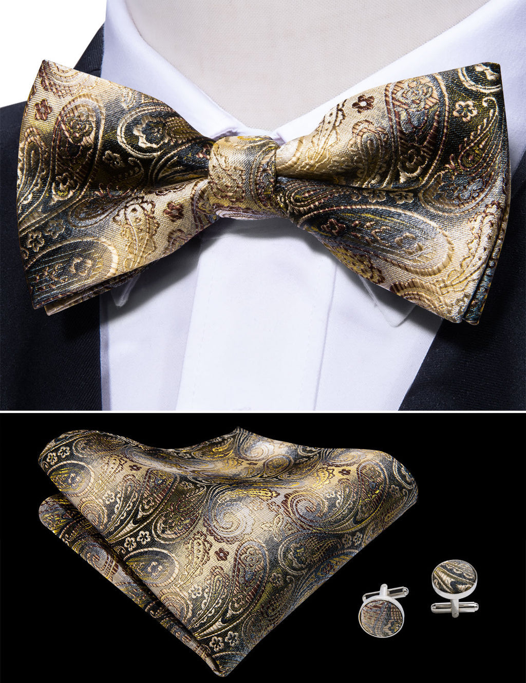 Black Golden Paisley Bow Tie Set bow ties - Sophisticated Gentlemen