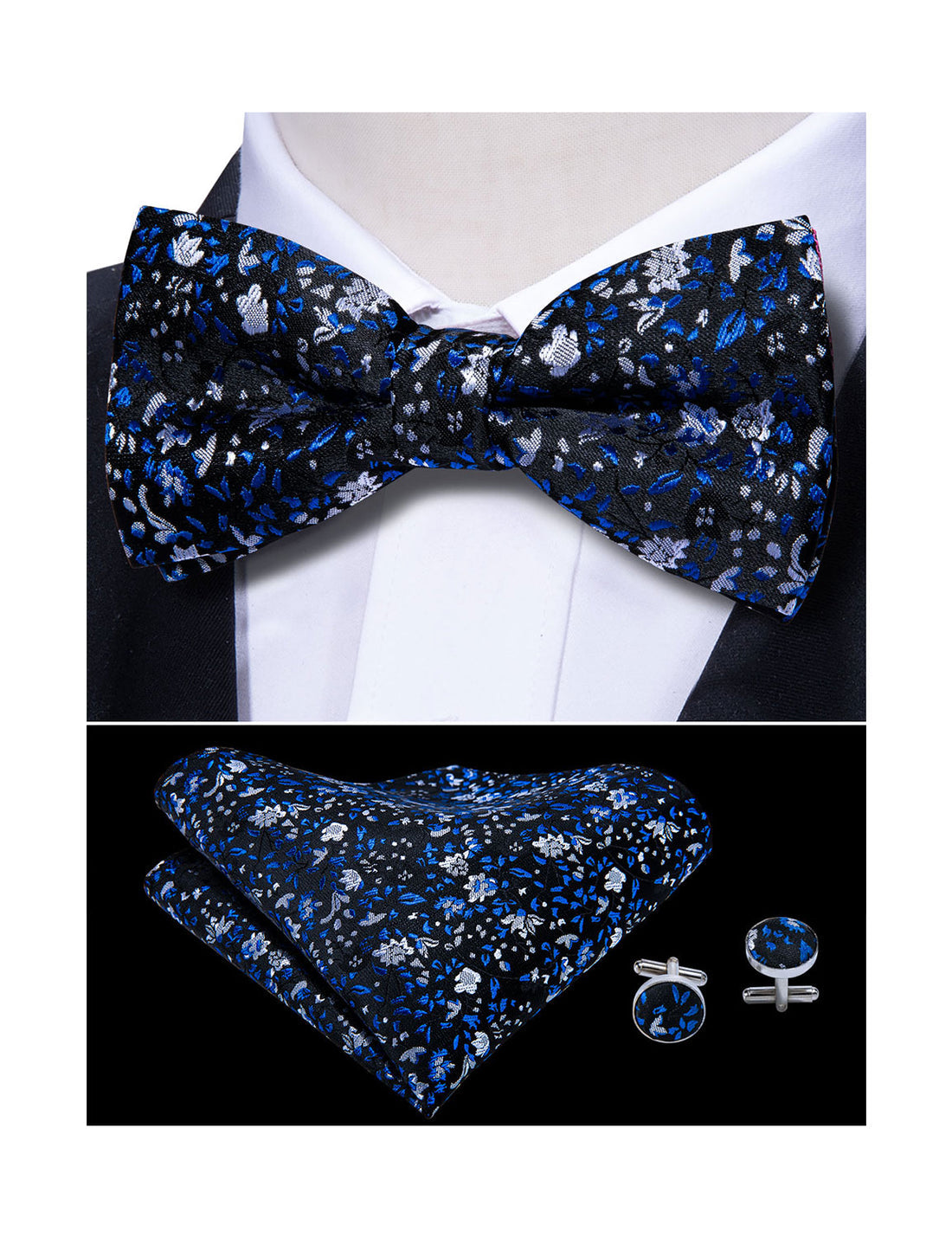 Deep Blue Floral Bow Tie Set bow ties - Sophisticated Gentlemen
