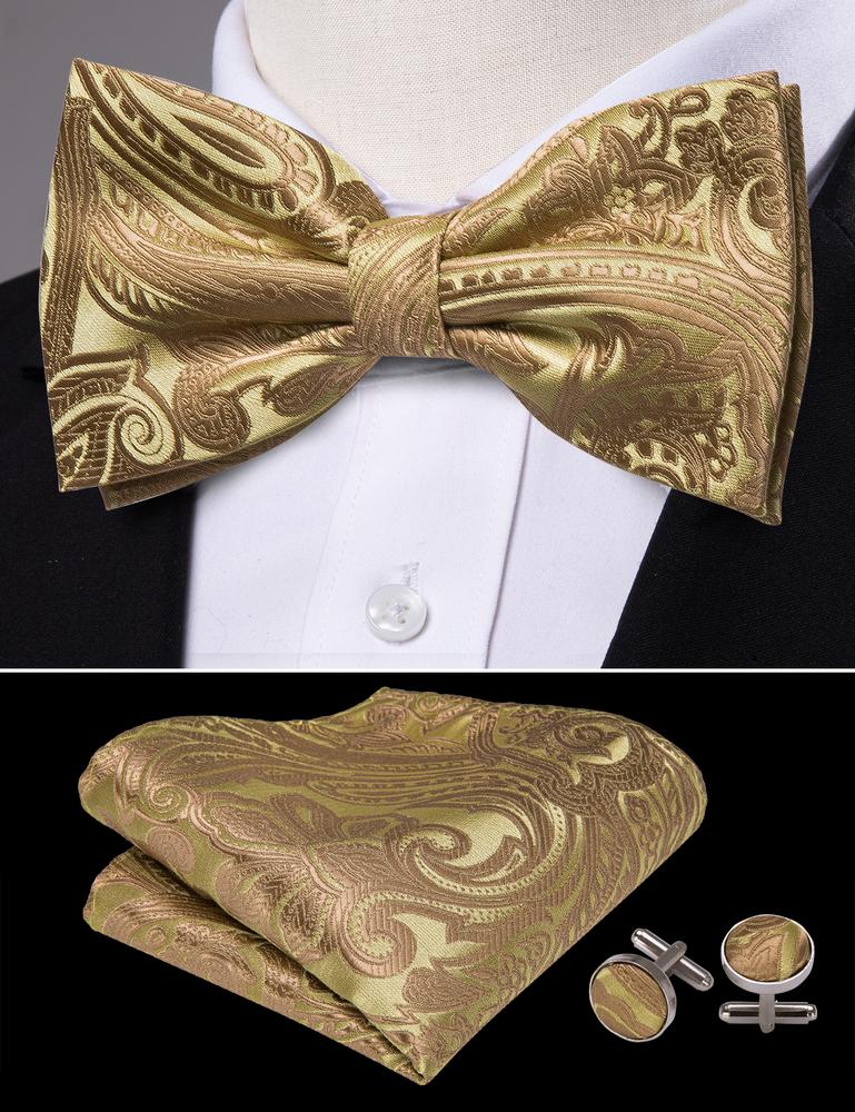 Gold Jacquard Woven Paisley Bow Tie Set bow ties - Sophisticated Gentlemen