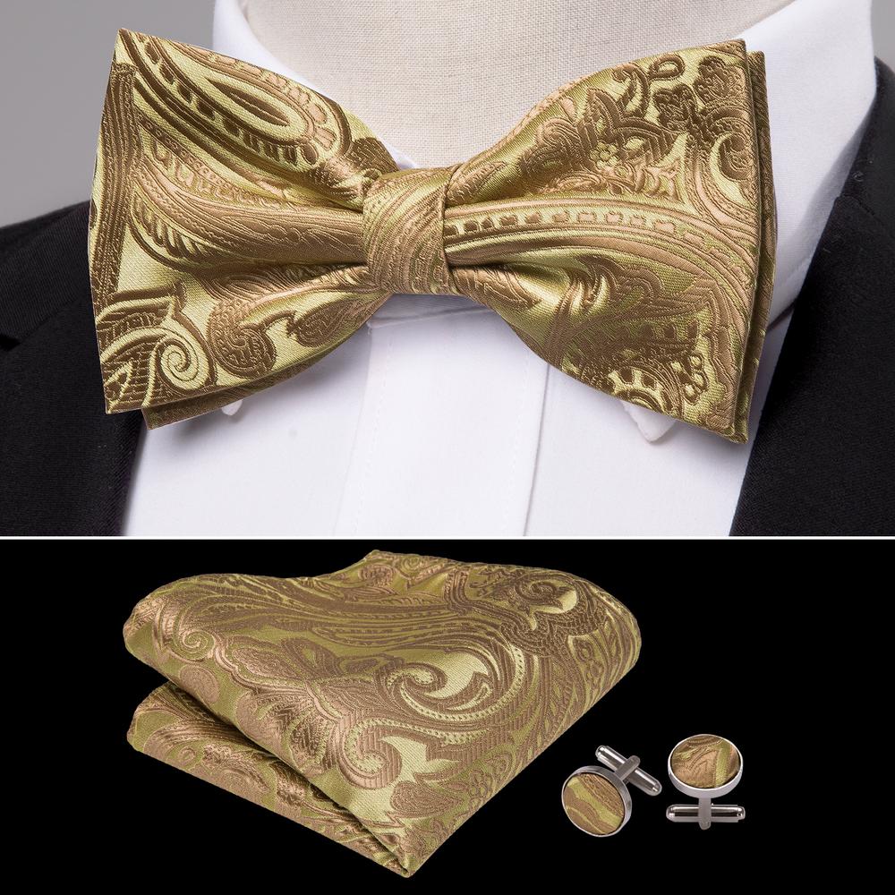 Gold Jacquard Woven Paisley Bow Tie Set bow ties - Sophisticated Gentlemen