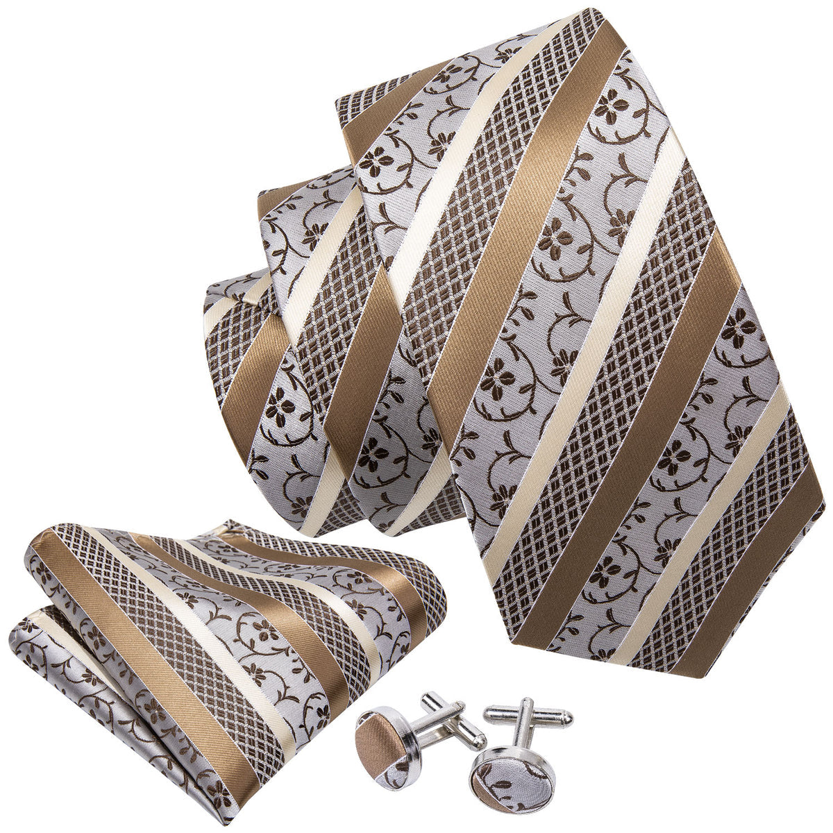 Champagne White Striped Floral Silk Tie, Pocket Square and Cufflinks Set tie sets - Sophisticated Gentlemen