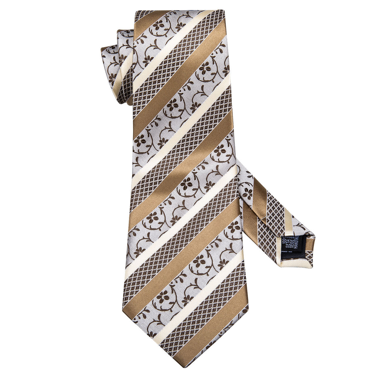 Champagne White Striped Floral Silk Tie, Pocket Square and Cufflinks Set tie sets - Sophisticated Gentlemen