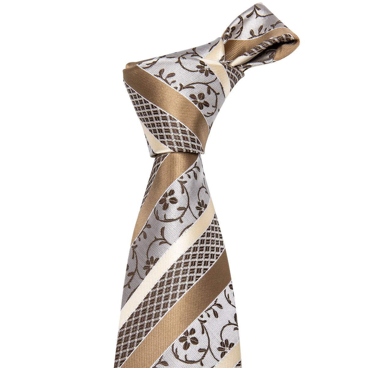 Champagne White Striped Floral Silk Tie, Pocket Square and Cufflinks Set tie sets - Sophisticated Gentlemen