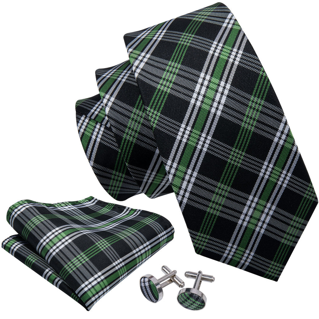 Black Green White Classic Plaid Tie, Pocket Square and Cufflinks Set tie sets - Sophisticated Gentlemen