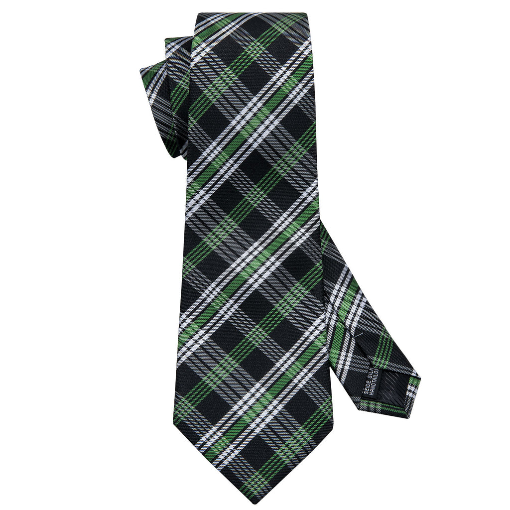 Black Green White Classic Plaid Tie, Pocket Square and Cufflinks Set tie sets - Sophisticated Gentlemen