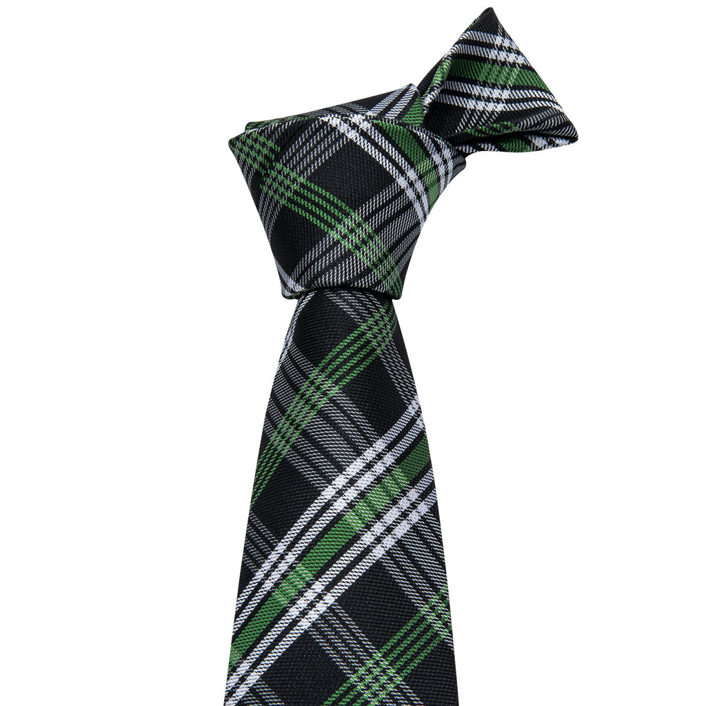 Black Green White Classic Plaid Tie, Pocket Square and Cufflinks Set tie sets - Sophisticated Gentlemen