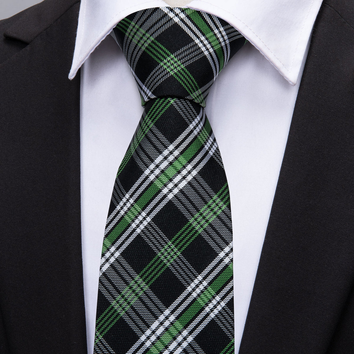 Black Green White Classic Plaid Tie, Pocket Square and Cufflinks Set tie sets - Sophisticated Gentlemen
