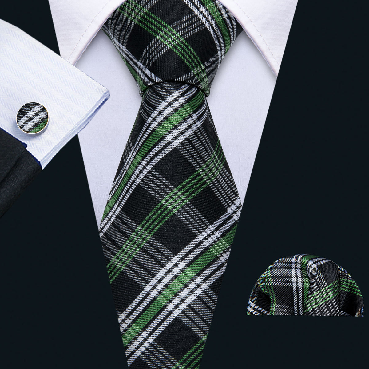 Black Green White Classic Plaid Tie, Pocket Square and Cufflinks Set tie sets - Sophisticated Gentlemen