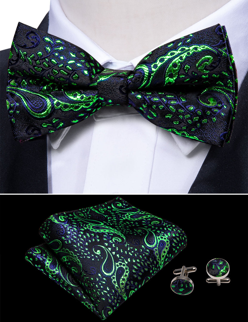 Shining Green Blue Paisley Bow Tie Set bow ties - Sophisticated Gentlemen