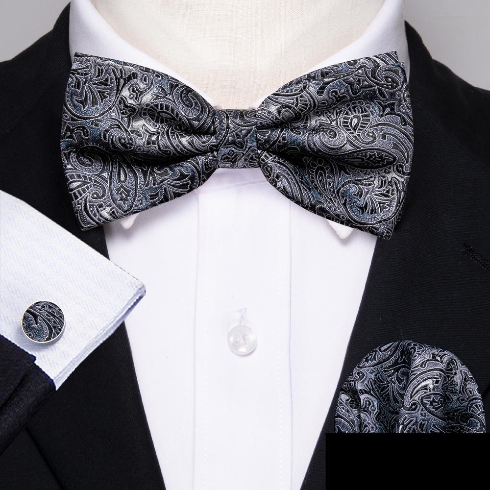 Gray Black Paisley Bow Tie Set bow ties - Sophisticated Gentlemen
