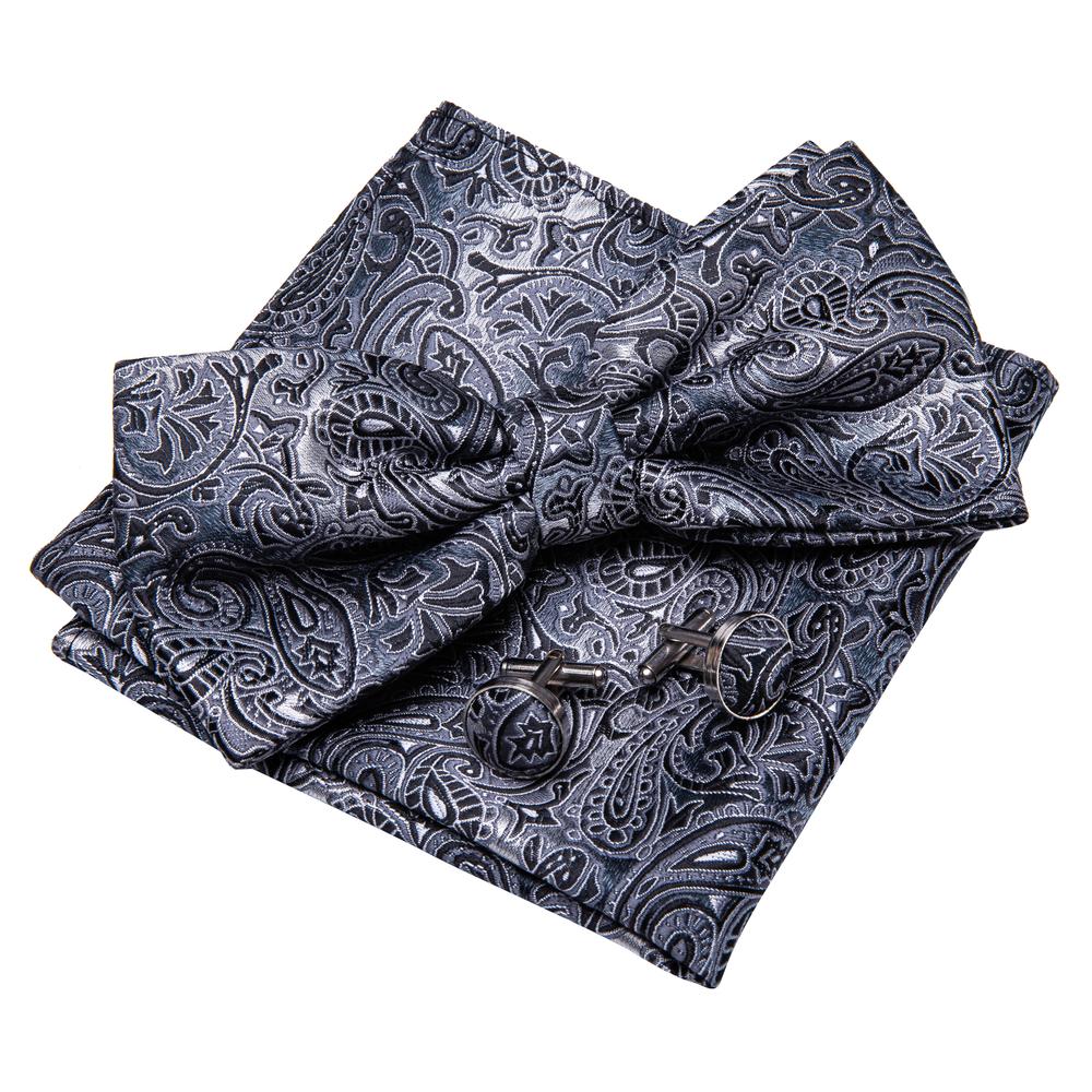 Gray Black Paisley Bow Tie Set bow ties - Sophisticated Gentlemen