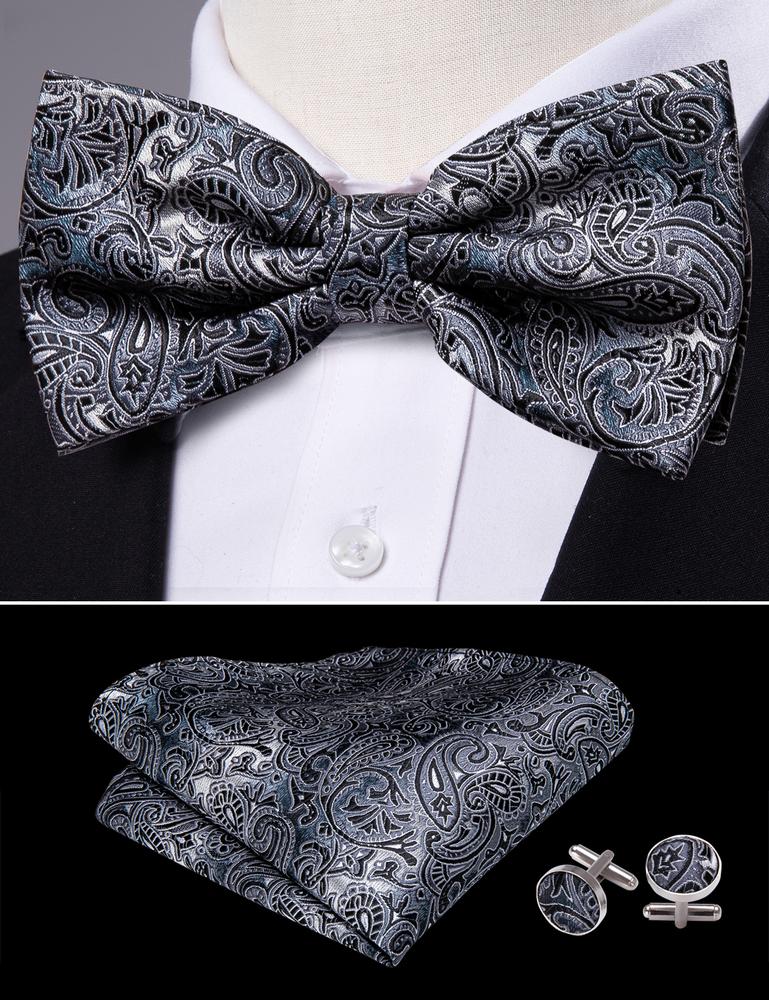 Gray Black Paisley Bow Tie Set bow ties - Sophisticated Gentlemen