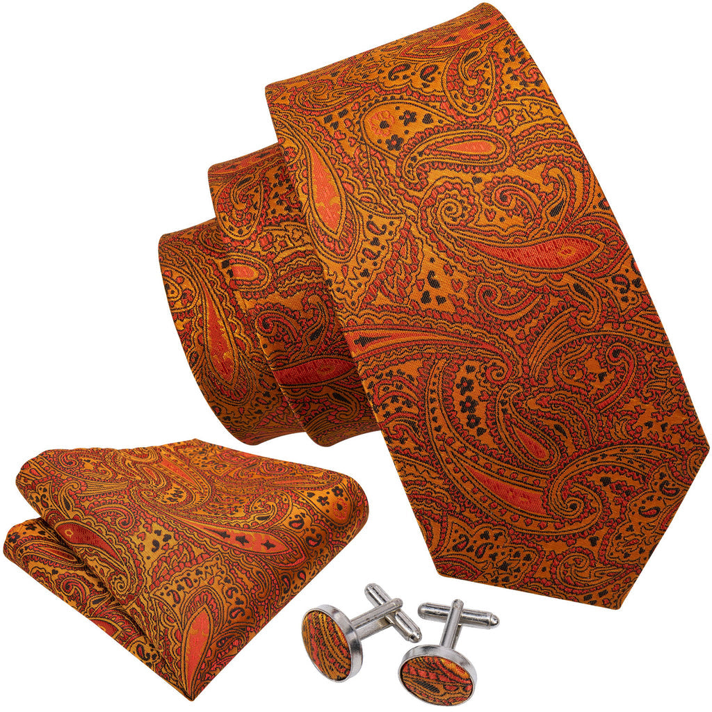 Golden Paisley Silk Tie, Pocket Square and Cufflinks Set tie sets - Sophisticated Gentlemen