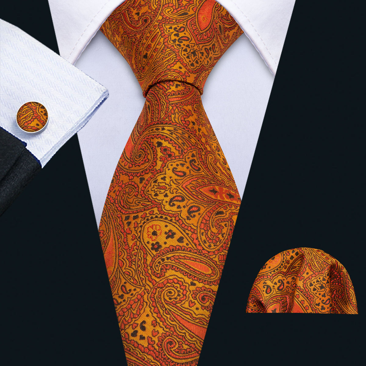 Golden Paisley Silk Tie, Pocket Square and Cufflinks Set tie sets - Sophisticated Gentlemen