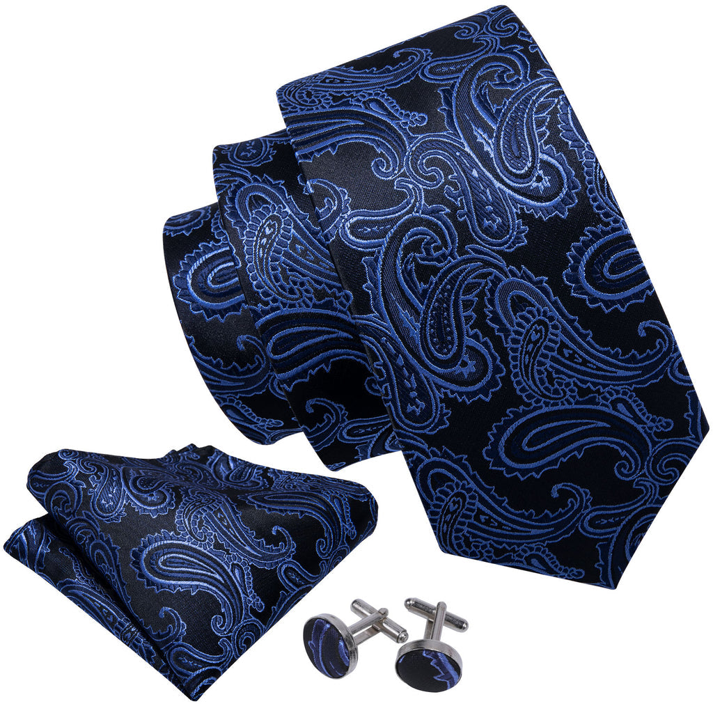 Dark Blue Black Paisley Tie, Pocket Square and Cufflinks Set tie sets - Sophisticated Gentlemen