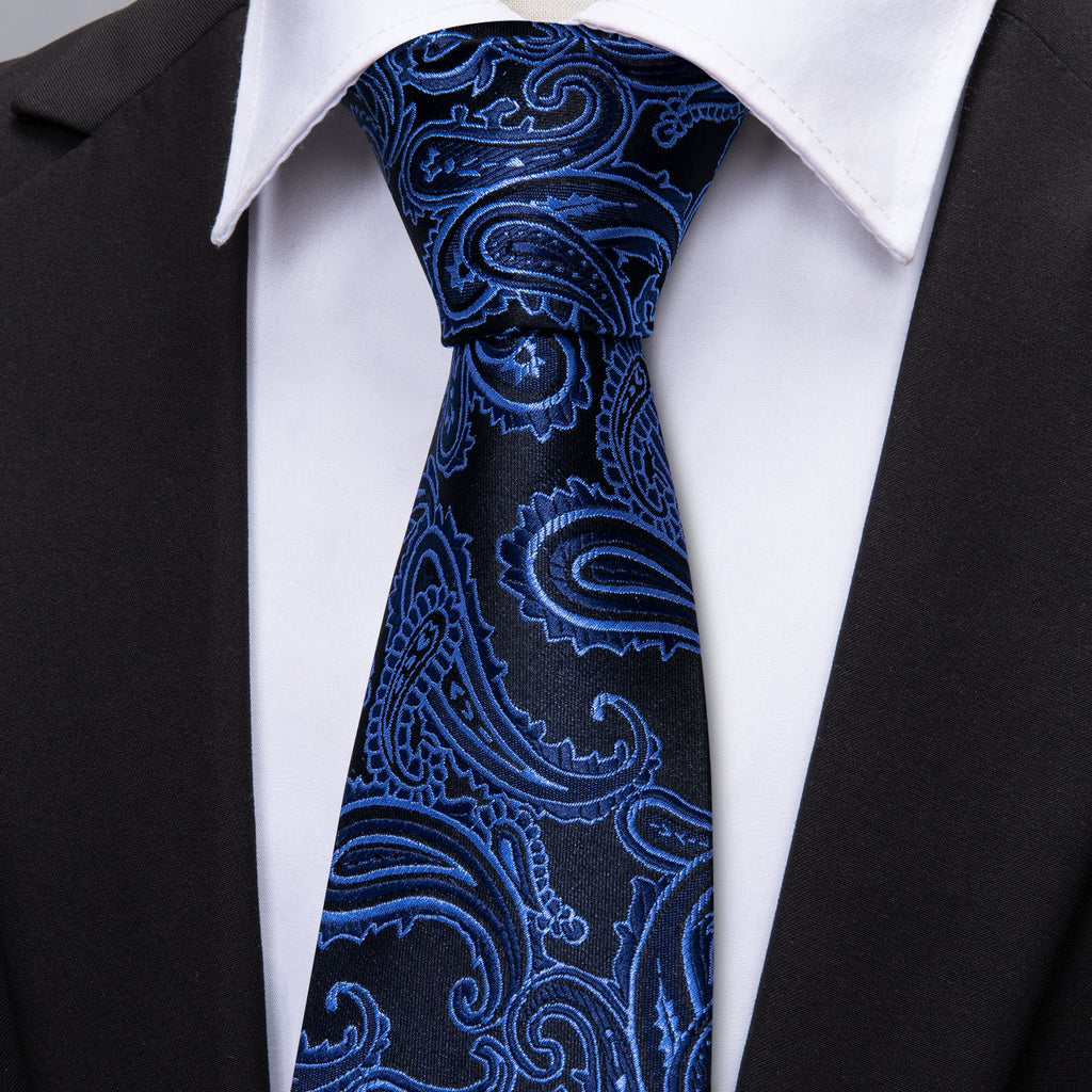 Dark Blue Black Paisley Tie, Pocket Square and Cufflinks Set tie sets - Sophisticated Gentlemen