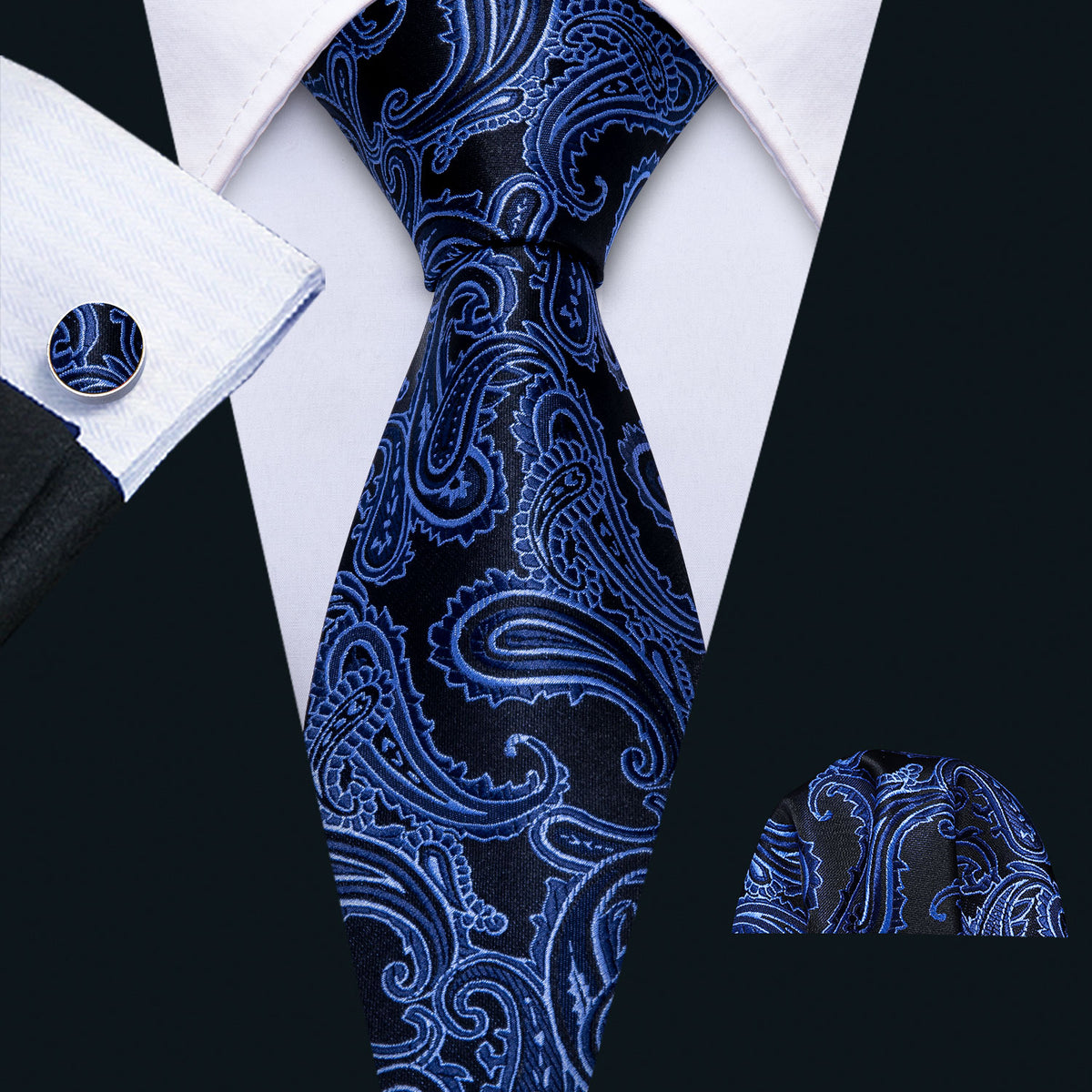 Dark Blue Black Paisley Tie, Pocket Square and Cufflinks Set tie sets - Sophisticated Gentlemen