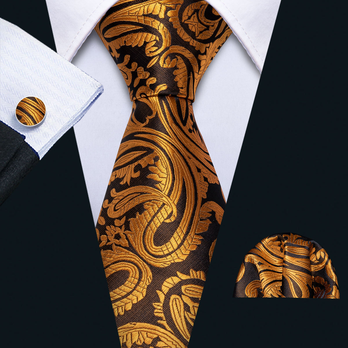 Golden Paisley Tie, Pocket Square and Cufflinks Set tie sets - Sophisticated Gentlemen
