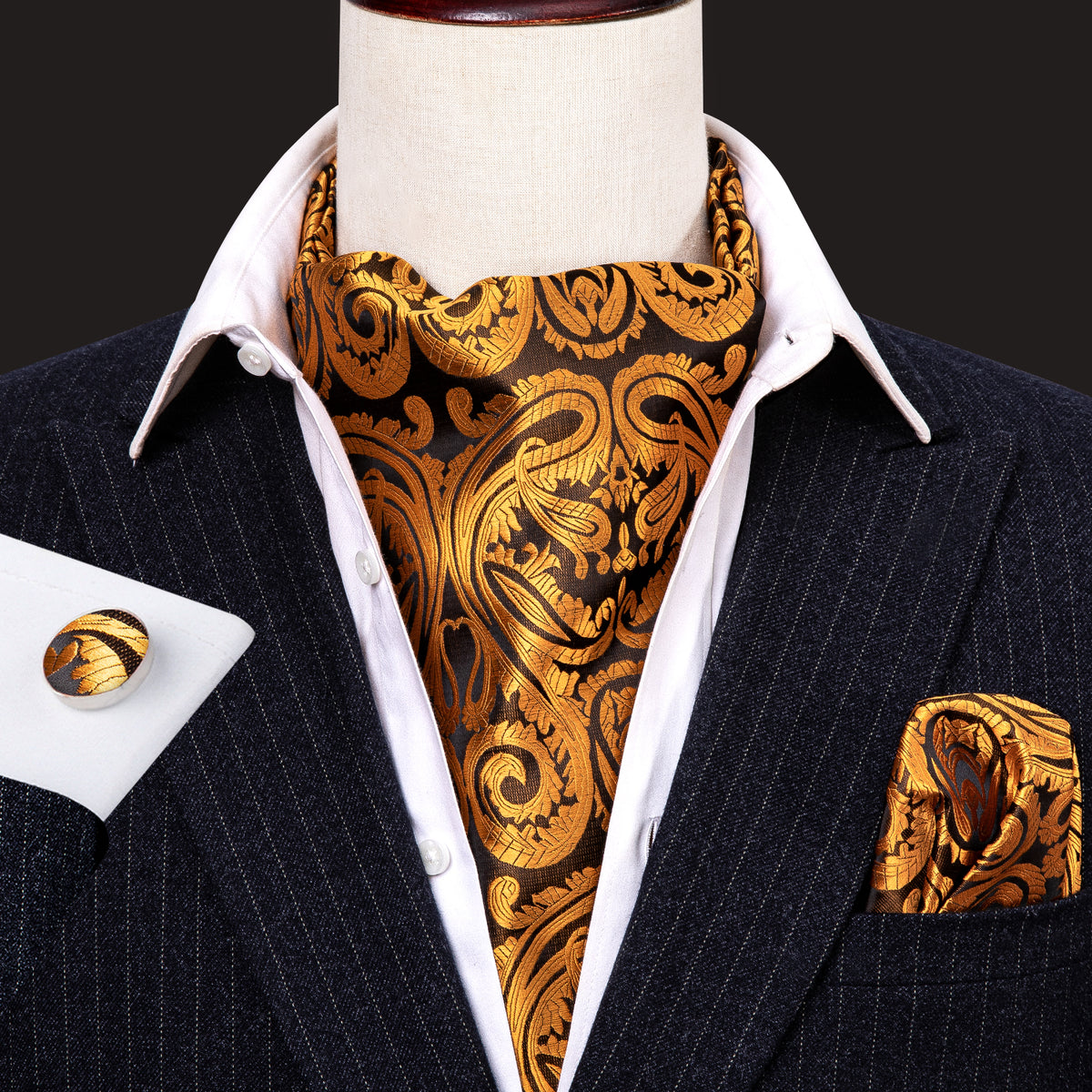 Golden Paisley Ascot, Pocket Square and Cufflinks ascot - Sophisticated Gentlemen