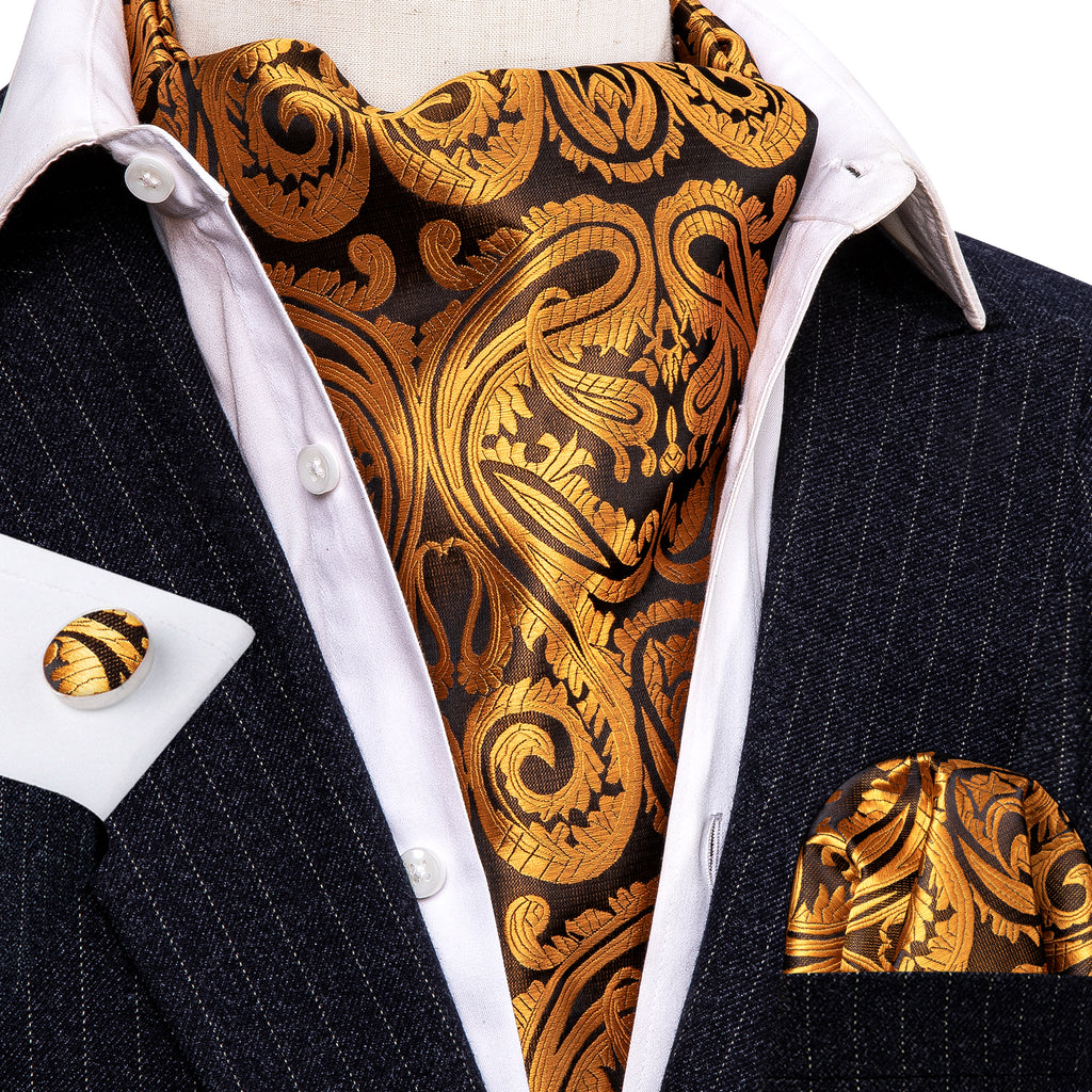 Golden Paisley Ascot, Pocket Square and Cufflinks ascot - Sophisticated Gentlemen