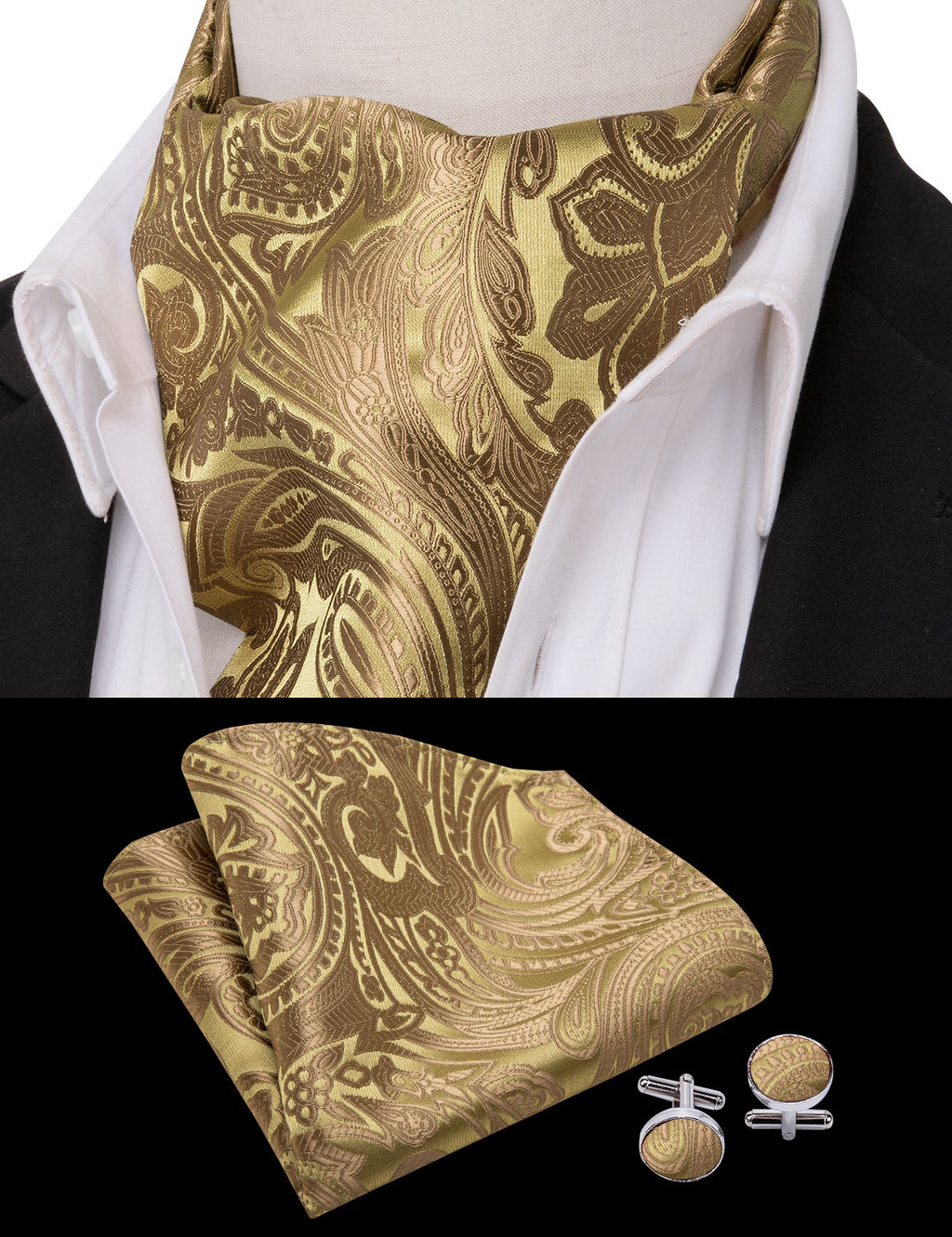 Gold Brown Paisley Floral Ascot, Pocket Square and Cufflinks ascot - Sophisticated Gentlemen