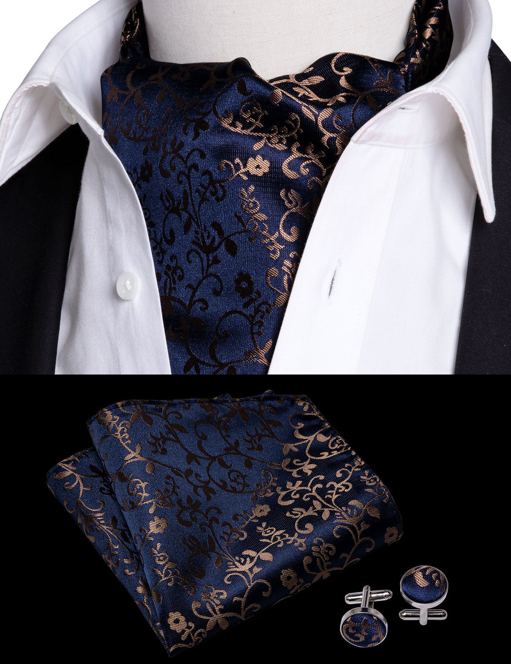 Black Golden Floral Ascot, Pocket Square and Cufflinks ascot - Sophisticated Gentlemen