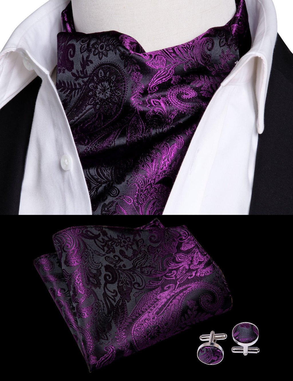 Purple Floral Ascot, Pocket Square and Cufflinks ascot - Sophisticated Gentlemen