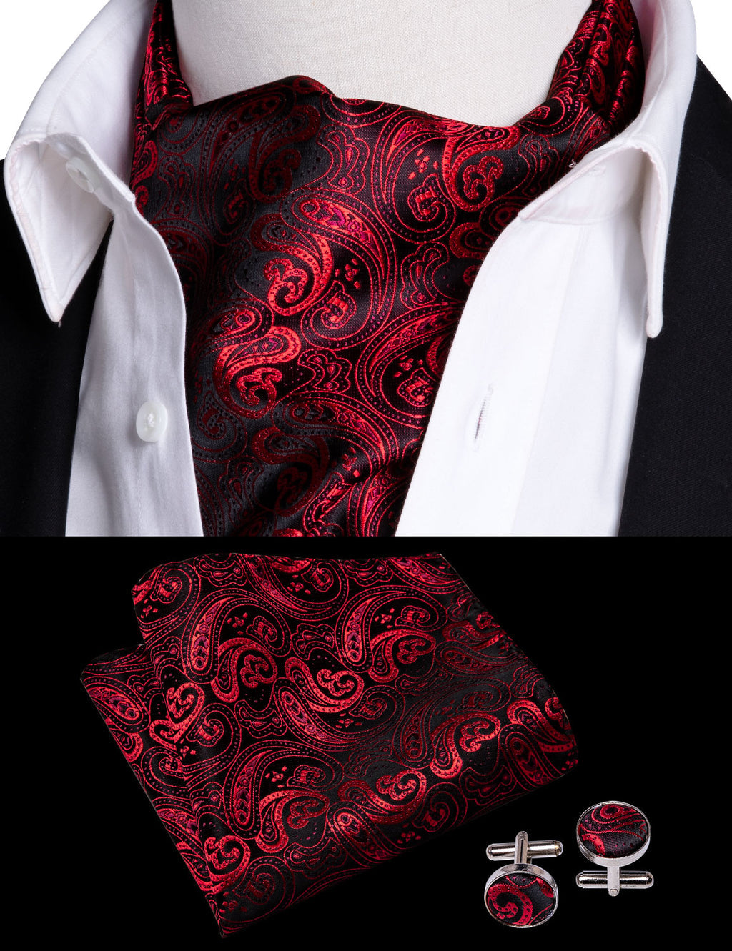 Red Paisley Ascot, Pocket Square and Cufflinks ascot - Sophisticated Gentlemen