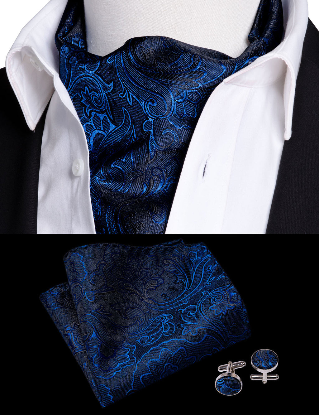 Blue Floral Ascot, Pocket Square and Cufflinks ascot - Sophisticated Gentlemen