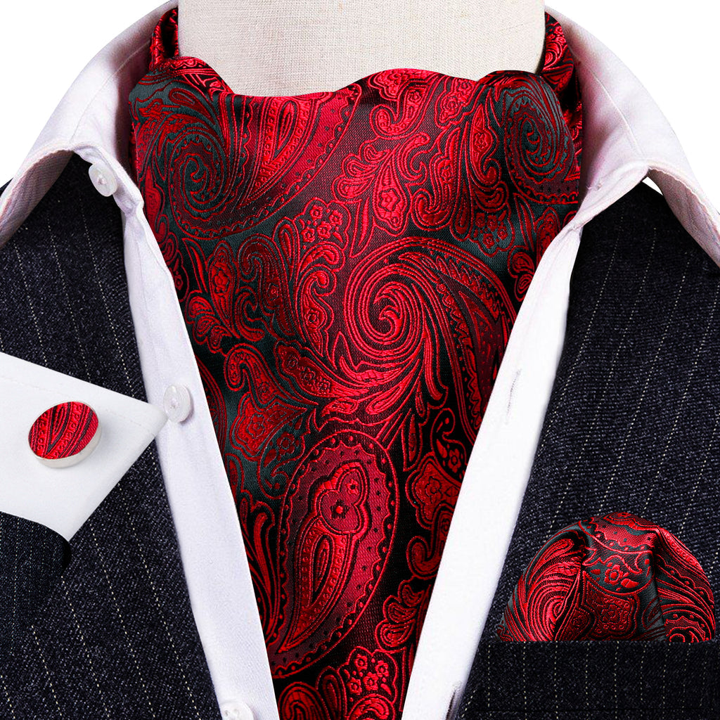 Red Paisley Ascot, Pocket Square and Cufflinks ascot - Sophisticated Gentlemen