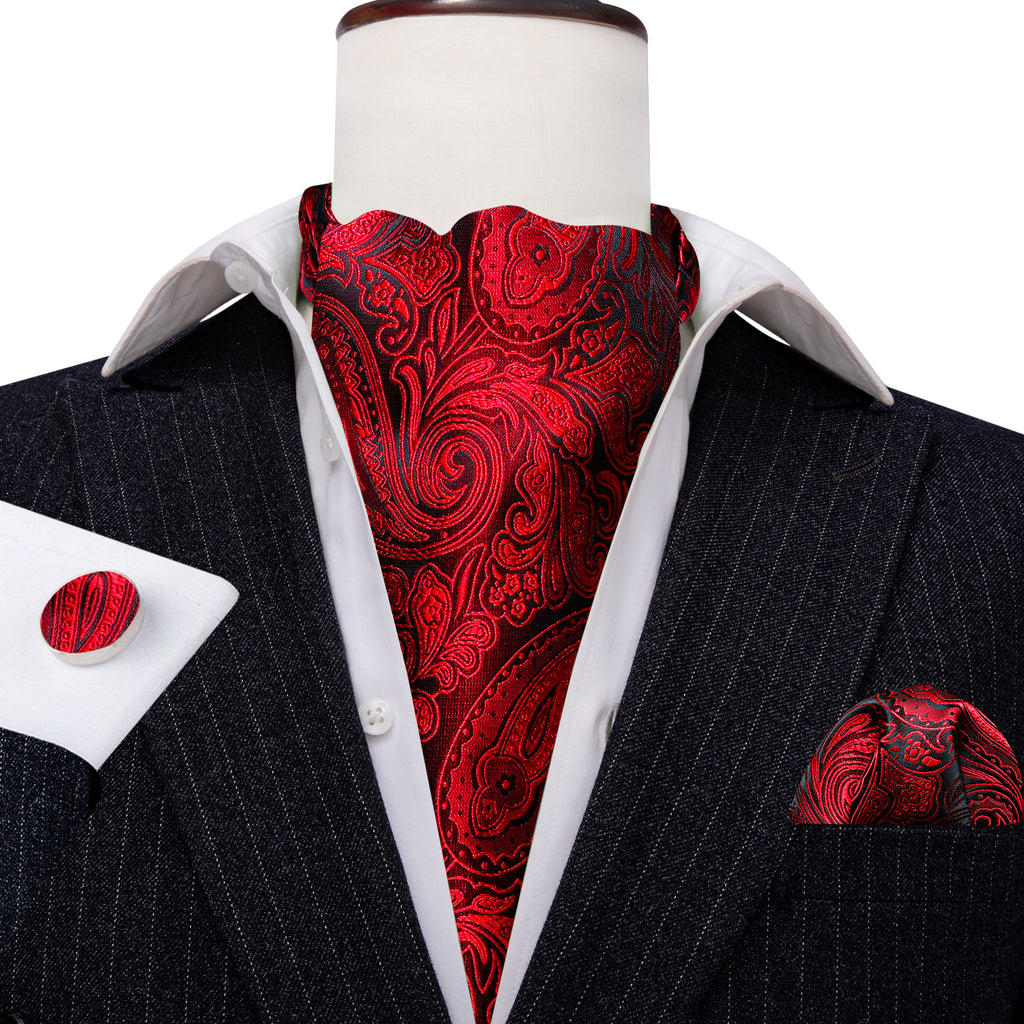 Red Paisley Ascot, Pocket Square and Cufflinks ascot - Sophisticated Gentlemen
