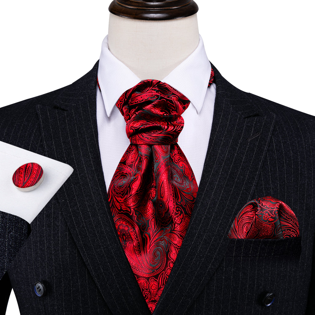 Red Paisley Ascot, Pocket Square and Cufflinks ascot - Sophisticated Gentlemen