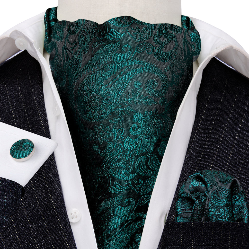 Black Dark Green Paisley Silk Ascot, Pocket Square and Cufflinks ascot - Sophisticated Gentlemen