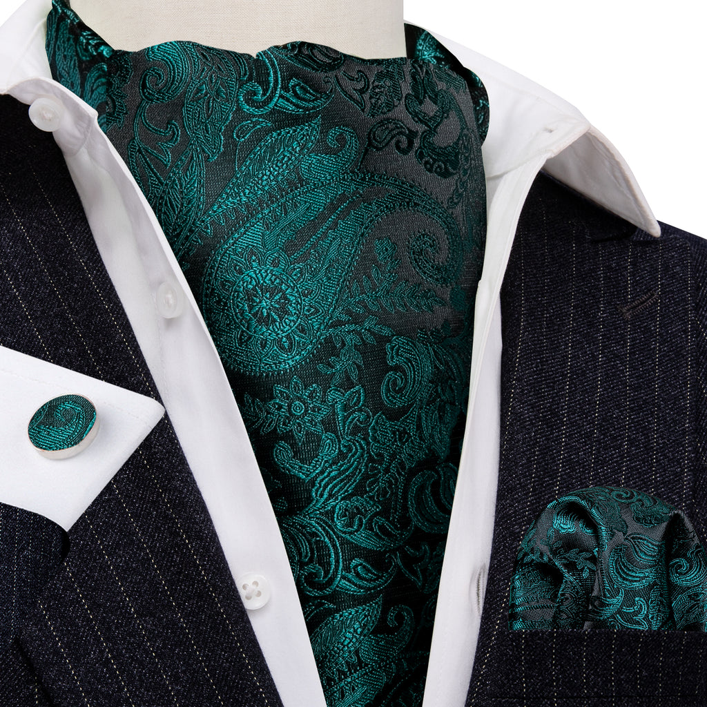 Black Dark Green Paisley Silk Ascot, Pocket Square and Cufflinks ascot - Sophisticated Gentlemen