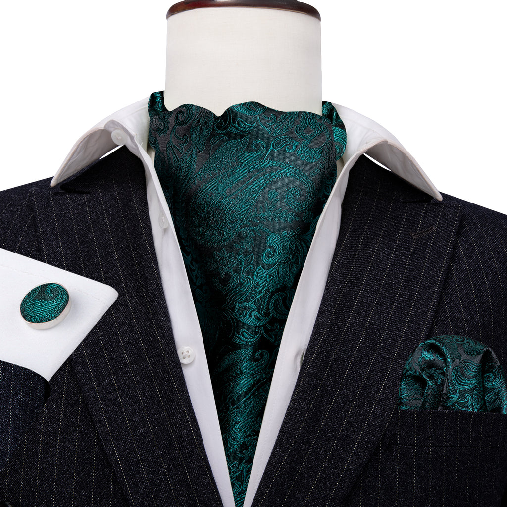 Black Dark Green Paisley Silk Ascot, Pocket Square and Cufflinks ascot - Sophisticated Gentlemen