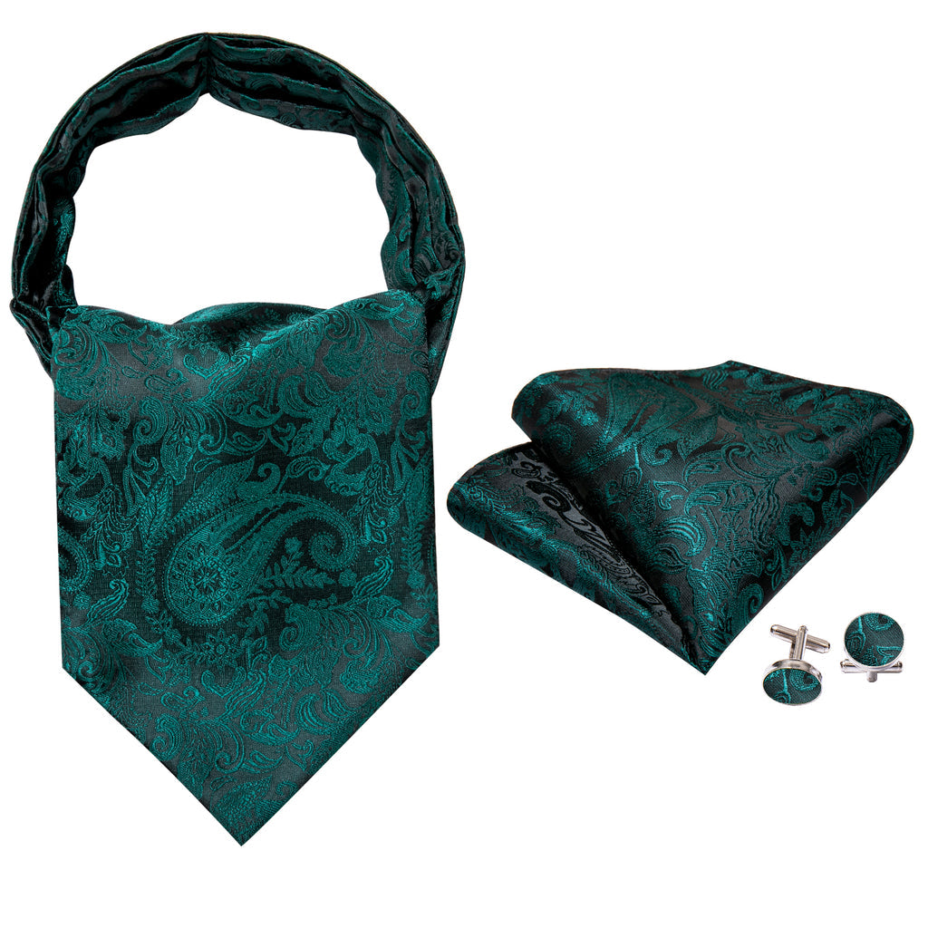 Black Dark Green Paisley Silk Ascot, Pocket Square and Cufflinks ascot - Sophisticated Gentlemen