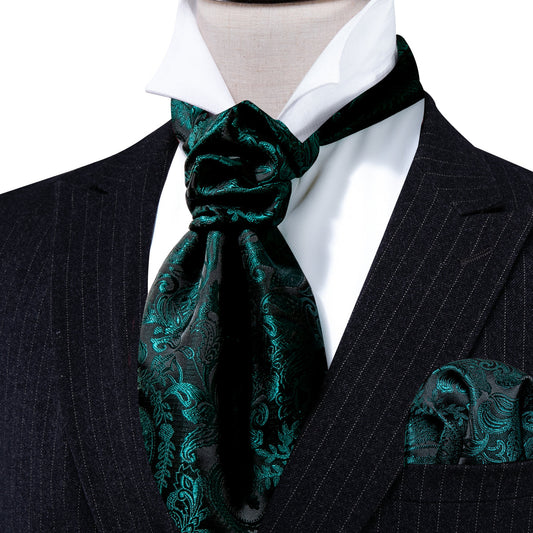 Black Dark Green Paisley Silk Ascot, Pocket Square and Cufflinks ascot    - Sophisticated Gentlemen