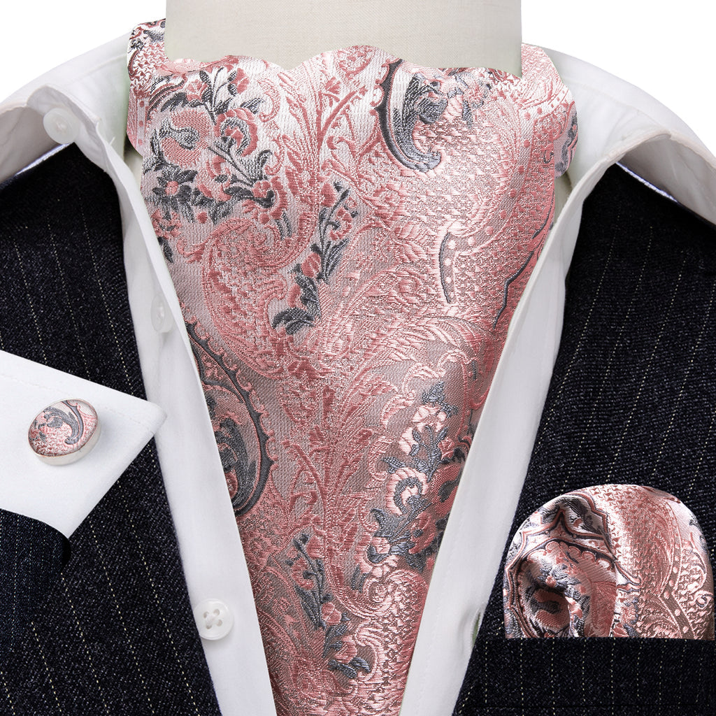 Pink Silver Paisley Silk Ascot, Pocket Square and Cufflinks ascot - Sophisticated Gentlemen