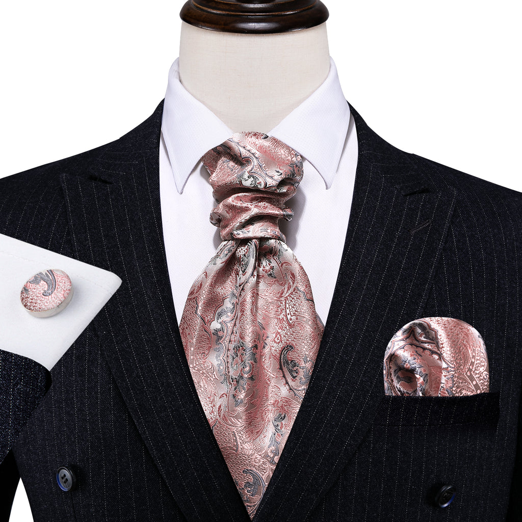 Pink Silver Paisley Silk Ascot, Pocket Square and Cufflinks ascot - Sophisticated Gentlemen