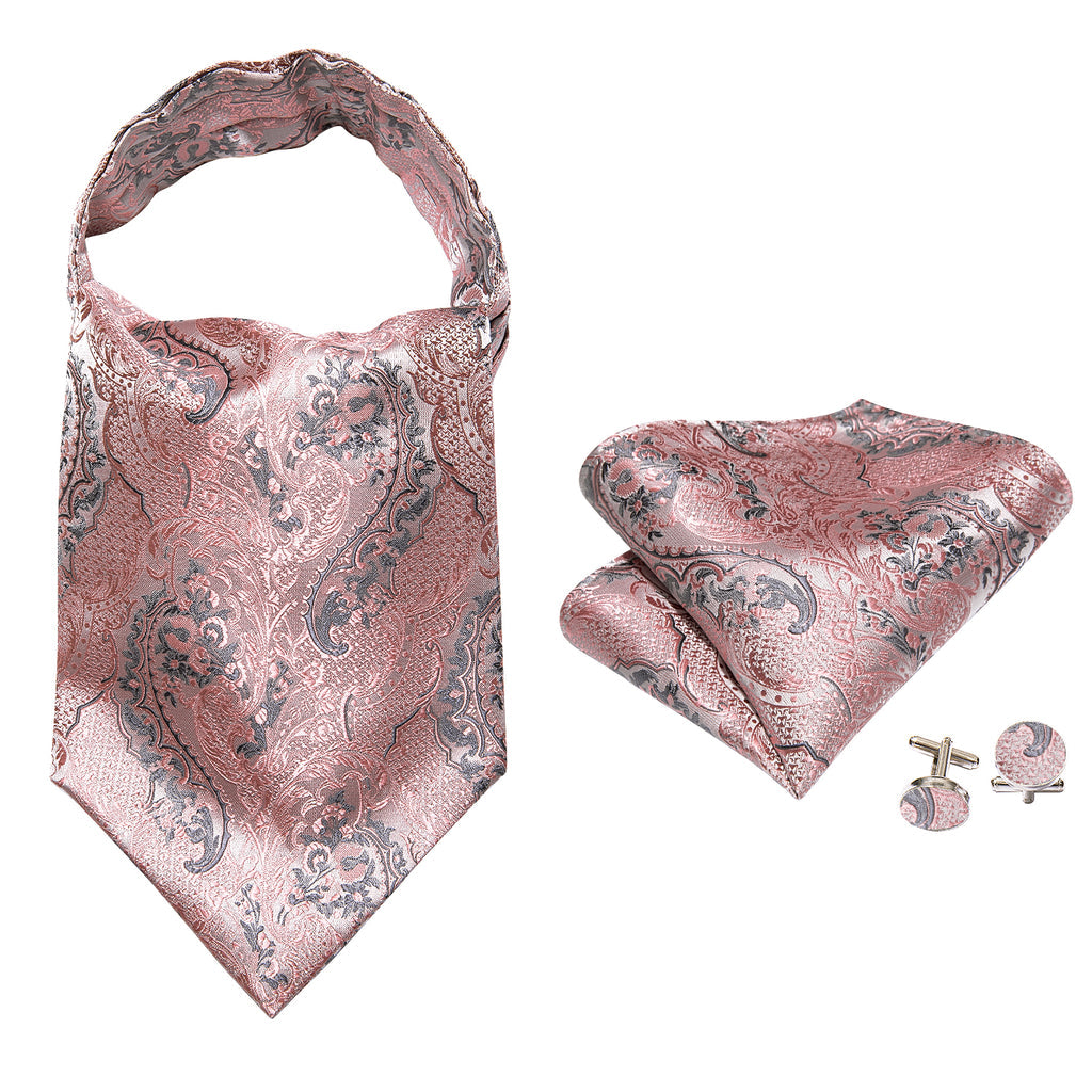 Pink Silver Paisley Silk Ascot, Pocket Square and Cufflinks ascot - Sophisticated Gentlemen