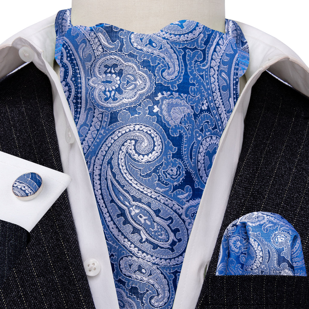 Blue Paisley Silk Ascot, Pocket Square and Cufflinks ascot - Sophisticated Gentlemen