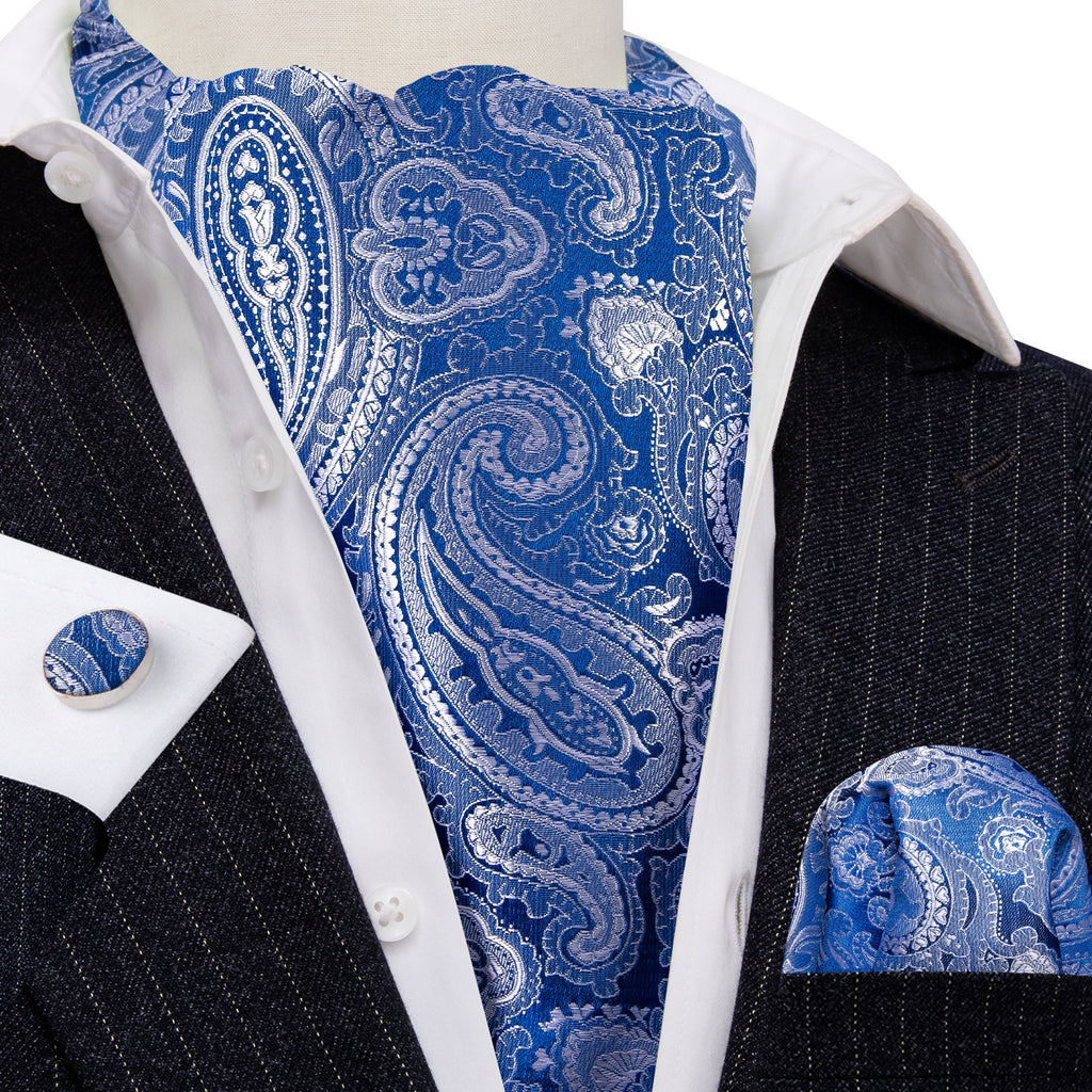 Blue Paisley Silk Ascot, Pocket Square and Cufflinks ascot - Sophisticated Gentlemen