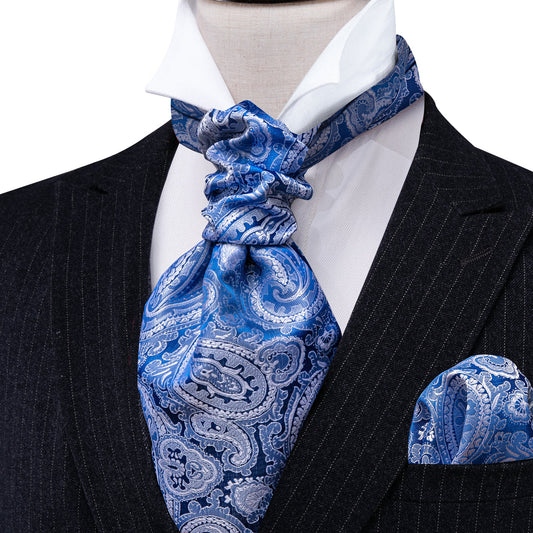Blue Paisley Silk Ascot, Pocket Square and Cufflinks ascot    - Sophisticated Gentlemen