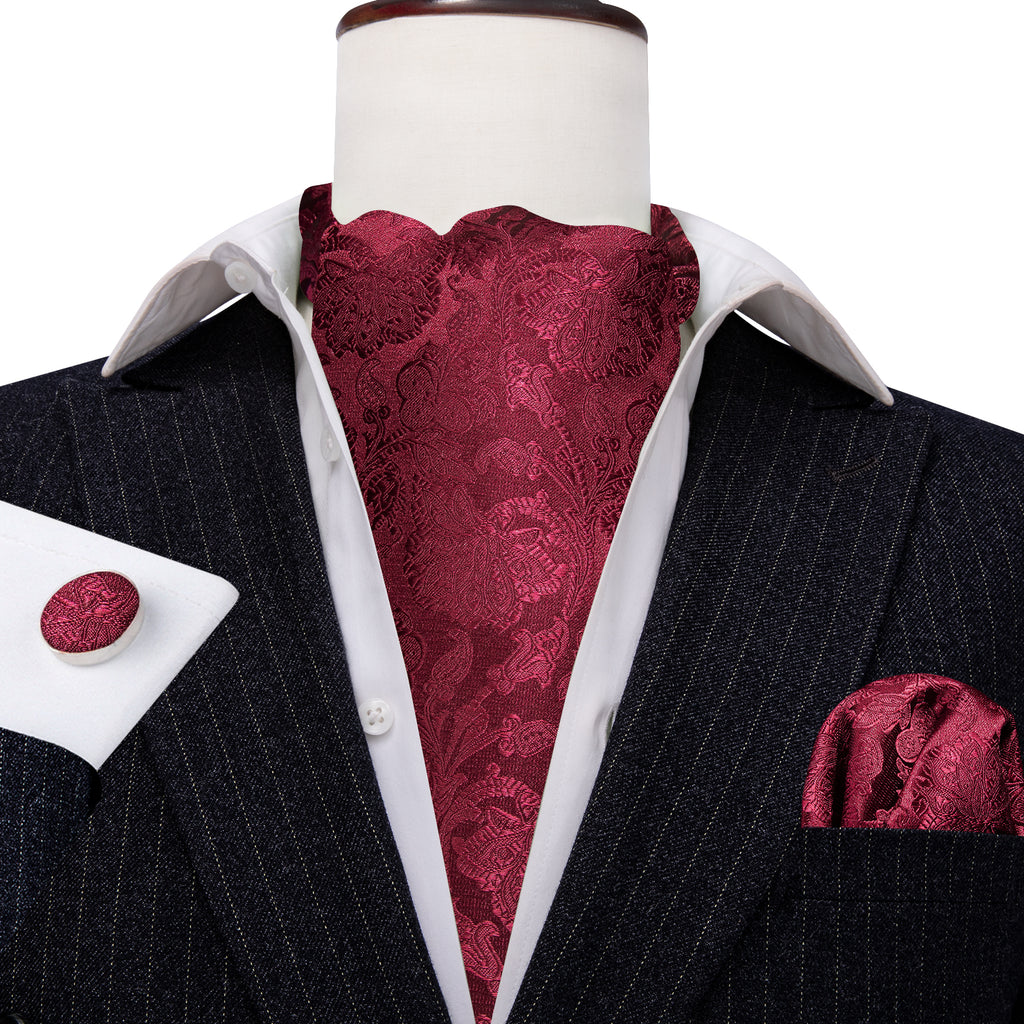 Red Paisley Silk Ascot, Pocket Square and Cufflinks ascot - Sophisticated Gentlemen