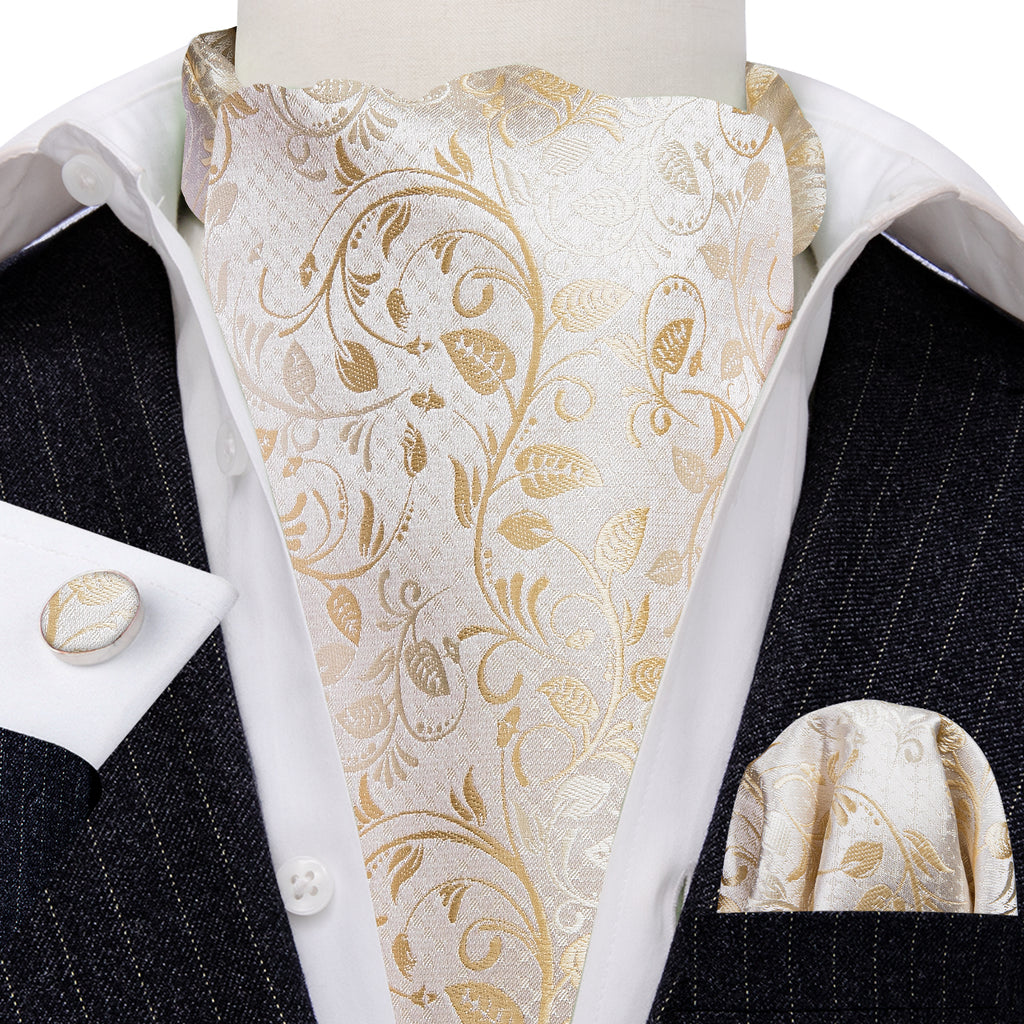 White Floral Silk Ascot, Pocket Square and Cufflinks ascot - Sophisticated Gentlemen