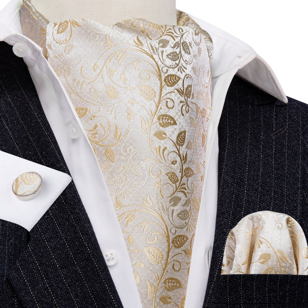 White Floral Silk Ascot, Pocket Square and Cufflinks ascot - Sophisticated Gentlemen