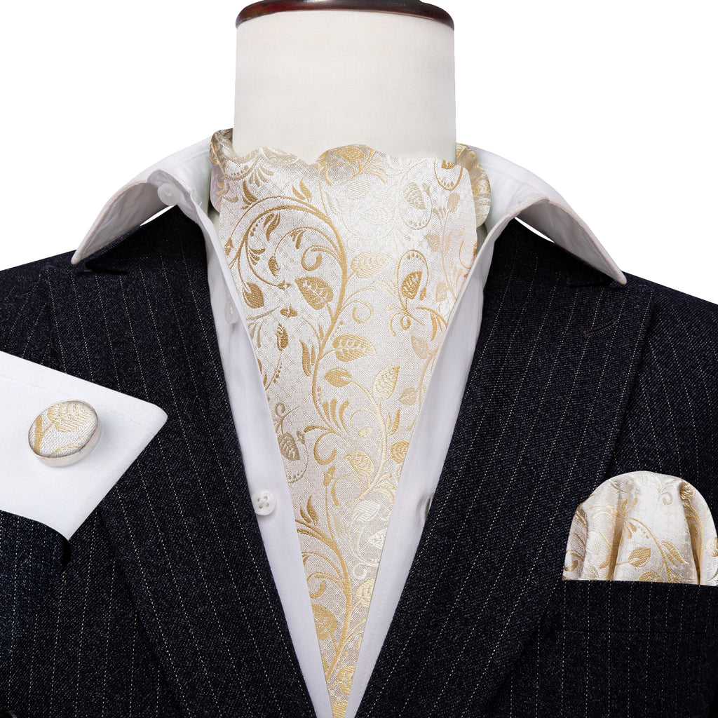 White Floral Silk Ascot, Pocket Square and Cufflinks ascot - Sophisticated Gentlemen